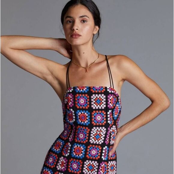 Anthropologie Crochet Look Granny Square Blk Prpl/Blu/Pink Dress, NWT, Sz. 0 - Picture 4 of 10